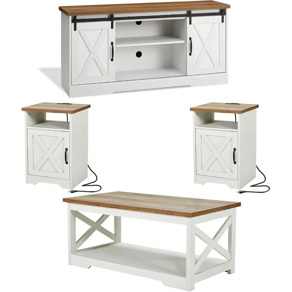 

4-Piece Farmhouse Table Set Includes Sliding Barn Door TV Stand, Coffee Table& Two End Tables, Side Table with Charging Station
