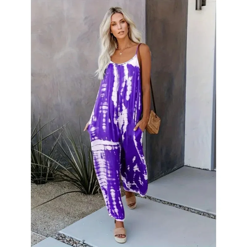 

Cross-border Women's Spring Summer Style Printed Ruched Strap Jumpsuit Fashionable Versatile