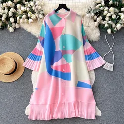 Miyake Draped Pleated Shirt Dress Women's Flare Sleeve Single Breasted Geometric Print Oversize Lace Up Belt Midi Vestidos