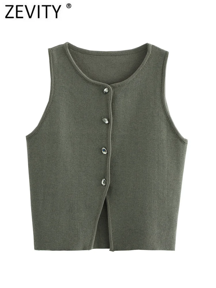 Zevity moda damska bez rękawów guziki Hem Split Knitting krótka bluzka kobiece podstawowe wąskie koszule Blusas eleganckie krótkie bluzki LS6236