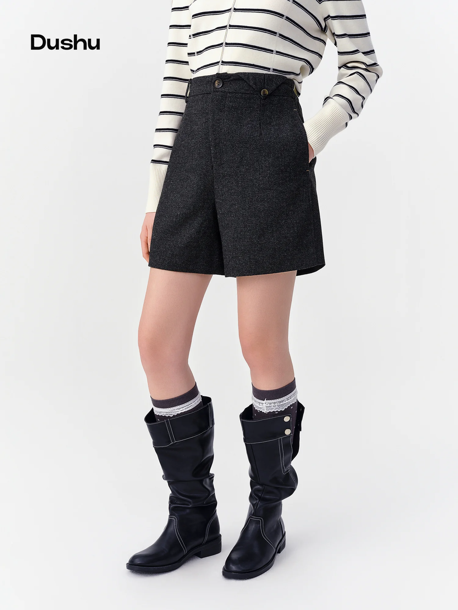 DUSHU 2026 Women Light Grey Brushed Suiting A-Line High Waist Shorts Faux Wool Blend Cropped Office Commute Casual Short Pants