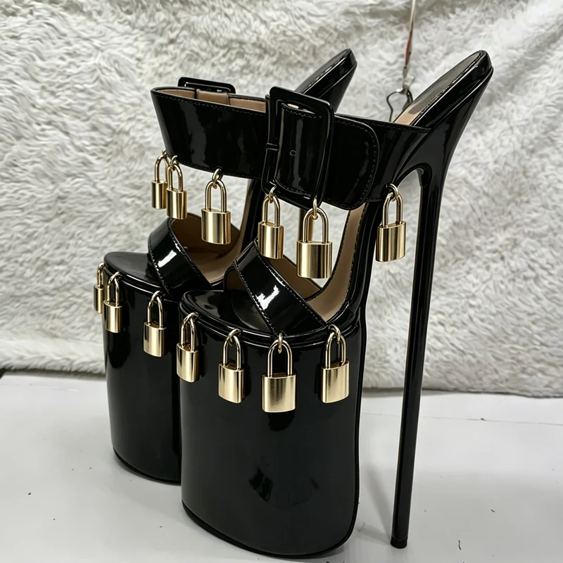 Schwarze Slip-On-Sandalen mit Schloss-Dekor, dünnem hohem Absatz, Peeptoe, modisch, sexy, Sommer 2026, große Größen, Damenschuhe, Zapatillas Mujer