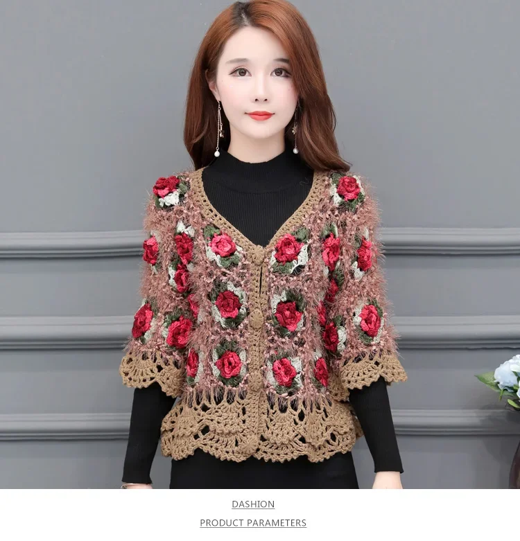 3D del fiore delle donne cardigan di mohair delle donne del crochet cardigan femme rosa maglioni di fiori lavorato a maglia top