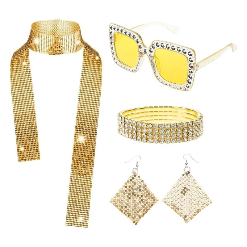 R1WE – ensemble déguisements Disco des années 70, chapeau scintillant, lunettes soleil longue écharpe,