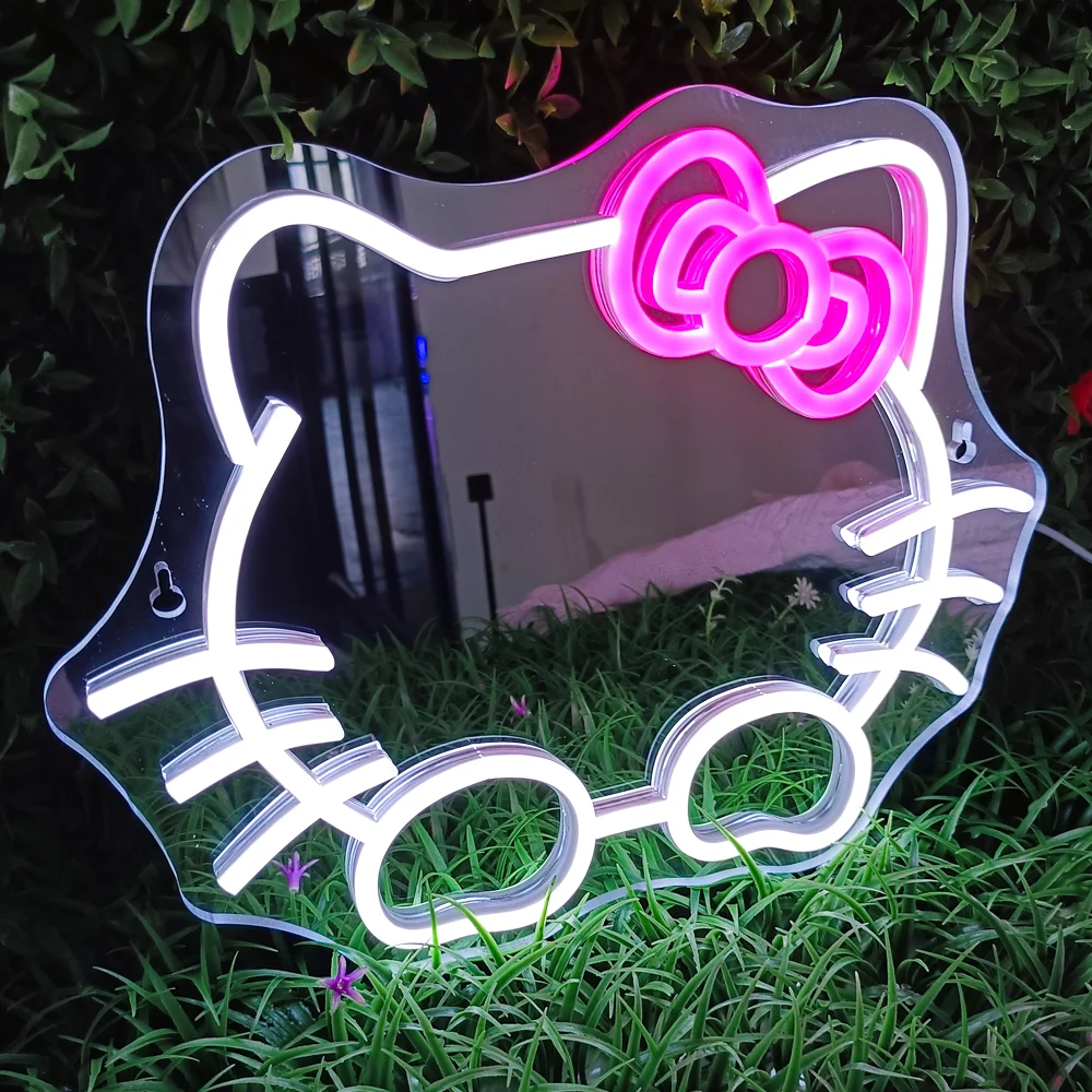 Hello Kitty Neon Led Mirror Light Usb Dimmable Powered Kawaii Anime Neon Sign Wall-Mounted Decor For Bedroom & Home