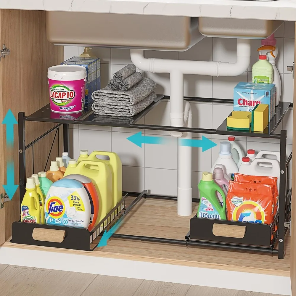 

Extendable Under Sink Organizer, 2 Tier Expandable Under Cabinet Organizer Shelf with Height Adjustable,