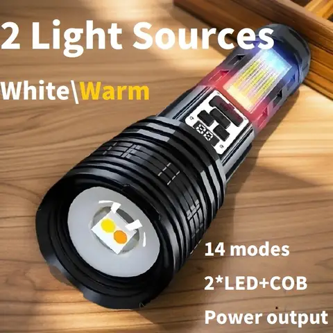듀얼 라이트 코브 고전력 LED 손전등 – 6000mAh USB 충전식 전술 램프, 캠핑용 따뜻한 백색 조명