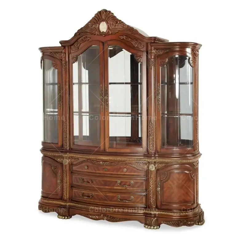 custom.Antique Classic Solid Wood Glass Display Cabinet Storage American Dining Room Furniture Handmade Carved showcase