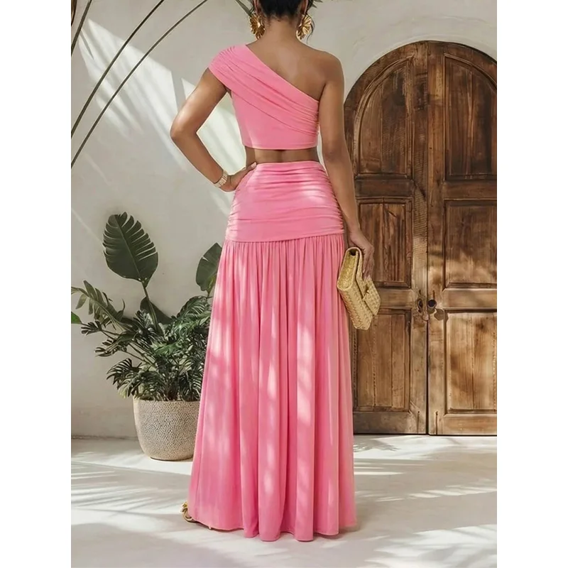 Slergiri 2 Piece Set Women Sexy One Shoulder Crop Top + Ruched Long Skirts Fashion Vacation Party Two Piece Outfit For Woman