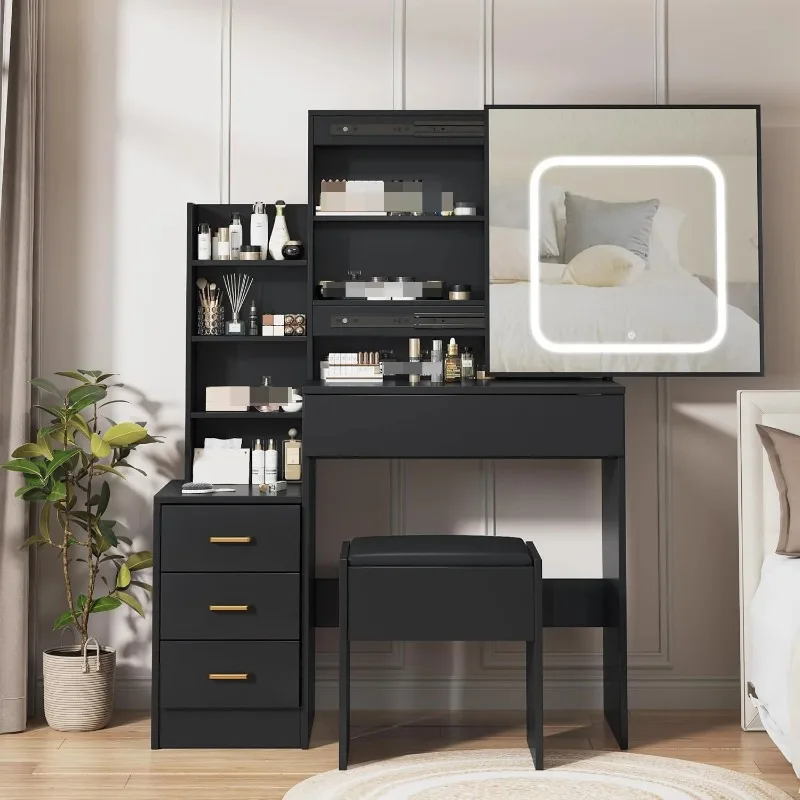Vanity Desk with Mirror and Led Lights, Makeup Vanity Desk with Sliding Lighted Mirror, Dressing Table Storage for Bedroom