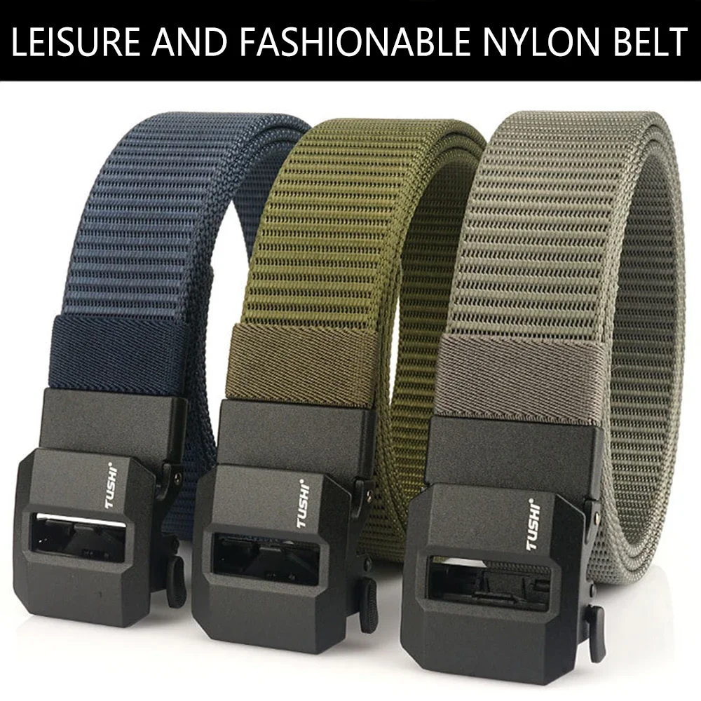 TUSHI Brand Classic High-End Elongated Thickened Men's Tactical Nylon Waist Belt Toothless Smooth Automatic Buckle Canvas Nylon