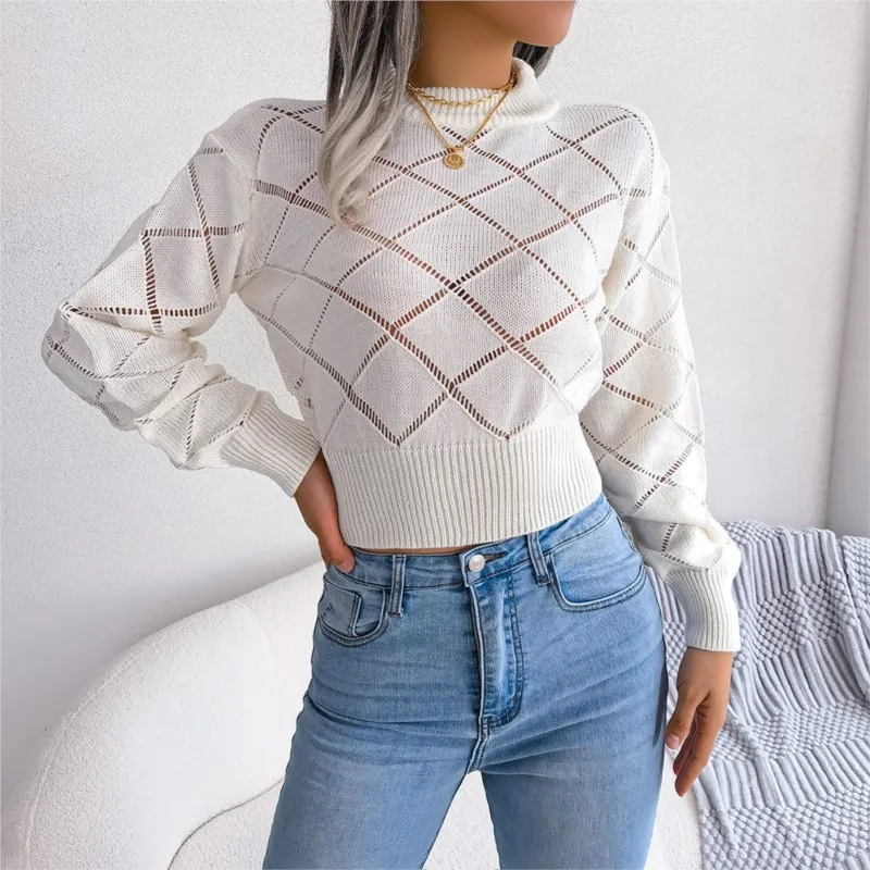 Autumn And Winter Hollow Grid Long Sleeved Exposed Navel Knitted Sweater For Women Round Neck Waist Cinched Pullover Sweater Y2k