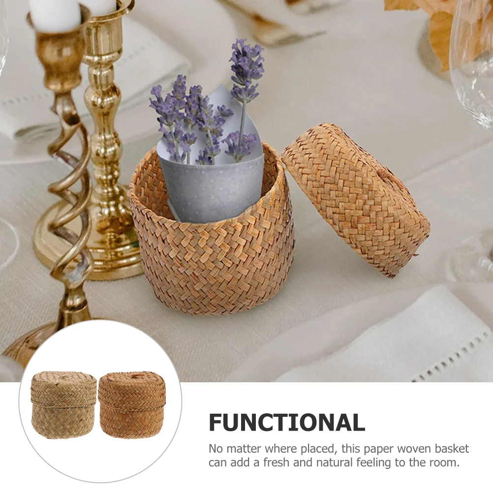 2 Pcs Flower Box Storage Basket Hand Woven Gift Round Baskets Decorative Rope Seagrass Bin Braided Small