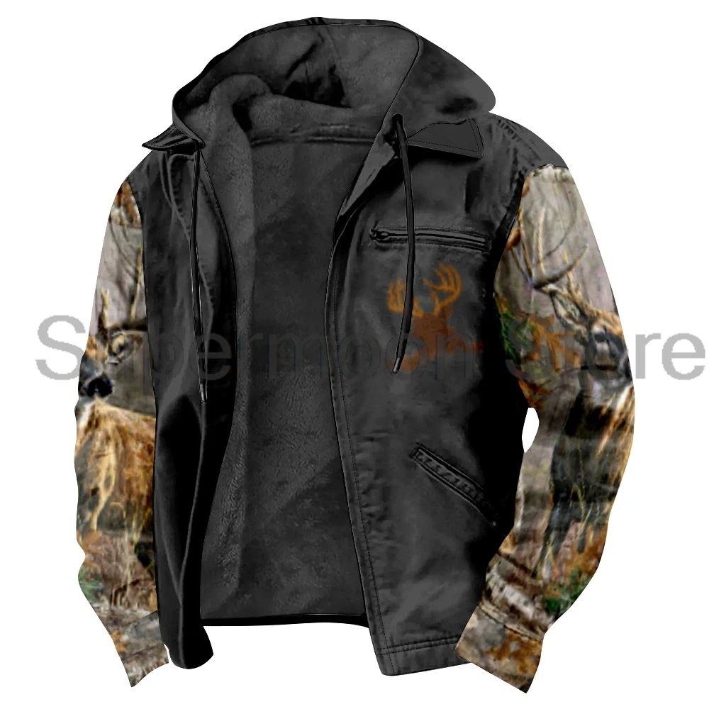 Camouflage Elk Print Deer Hunting Zipper Hoodies Long Sleeve Streetwear Women Men Jacket Parkas Unisex Winter Coat