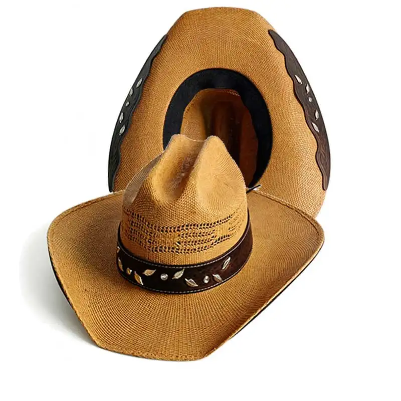 Cowboy straw hat Leather Appliqué Accessories Accessory with large brim hard plasticity cowboy outdoor summer sun protection