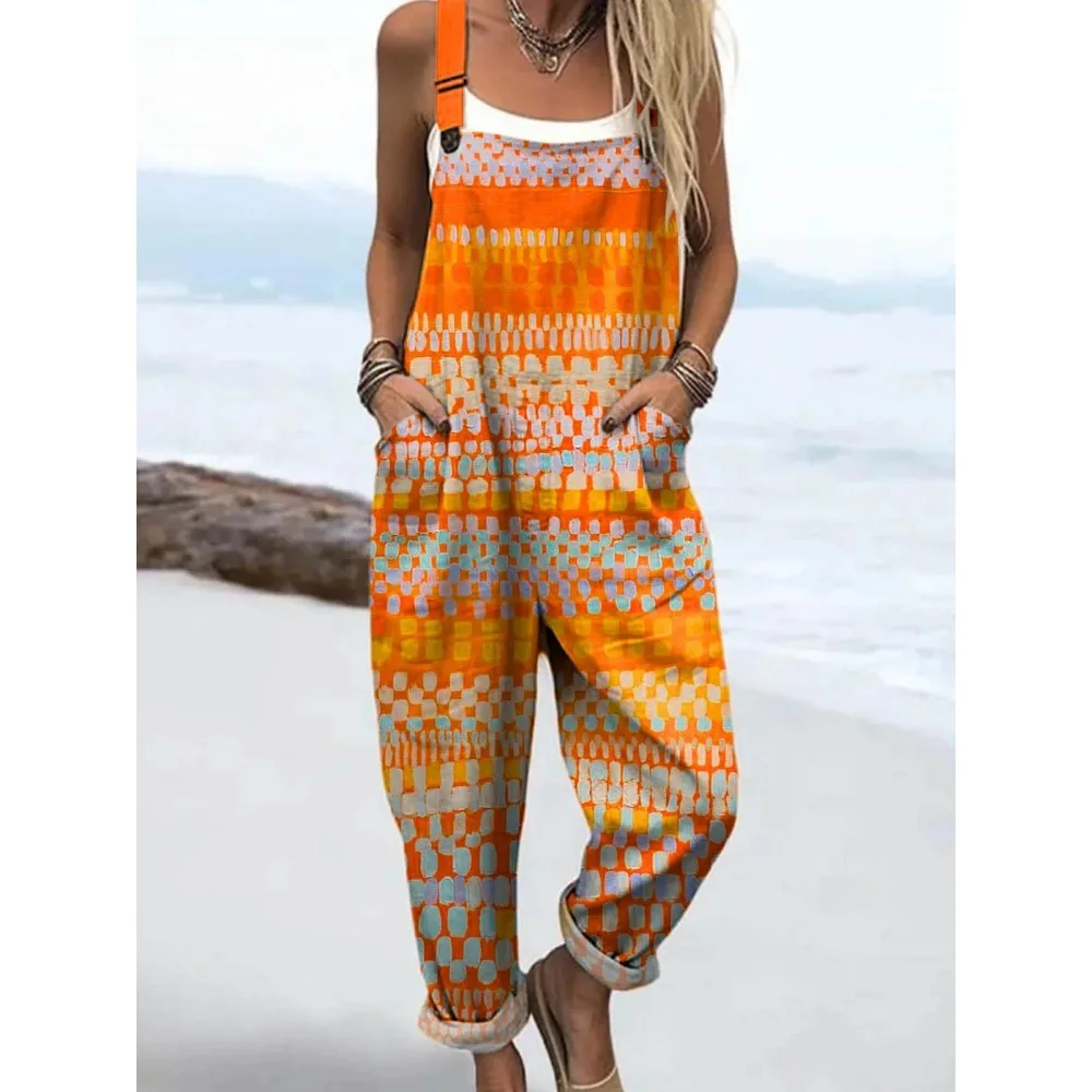 จั๊มสูทผู้หญิงลายทางและสีตัดกัน สายปรับได้ เหมาะสำหรับชายหาดและวันหยุดฤดูร้อน กางเกงขายาวลายทางน้ำหนักเบา สวมใส่สบายๆ