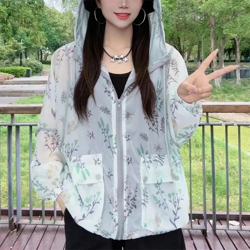 New Sunscreen Clothes Women Lightweight Breathable Casual Loose Western Style Meat Blocking Hooded UV resistant Printed Coat