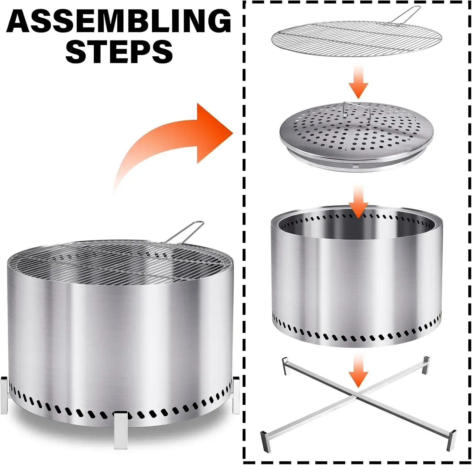 28 Inch Smokeless Firepit with Stand & Grill Rack, Large Stainless Steel Fire Pit, Wood Burning Firepit for Patio Garden