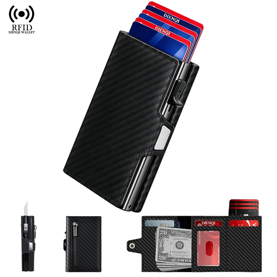 Pop Up Wallet Men RFID Blocking Carbon Fiber Metal Card Case Id Bank Credit Cardholder Zipper Coin Purse Trifold Card Wallets
