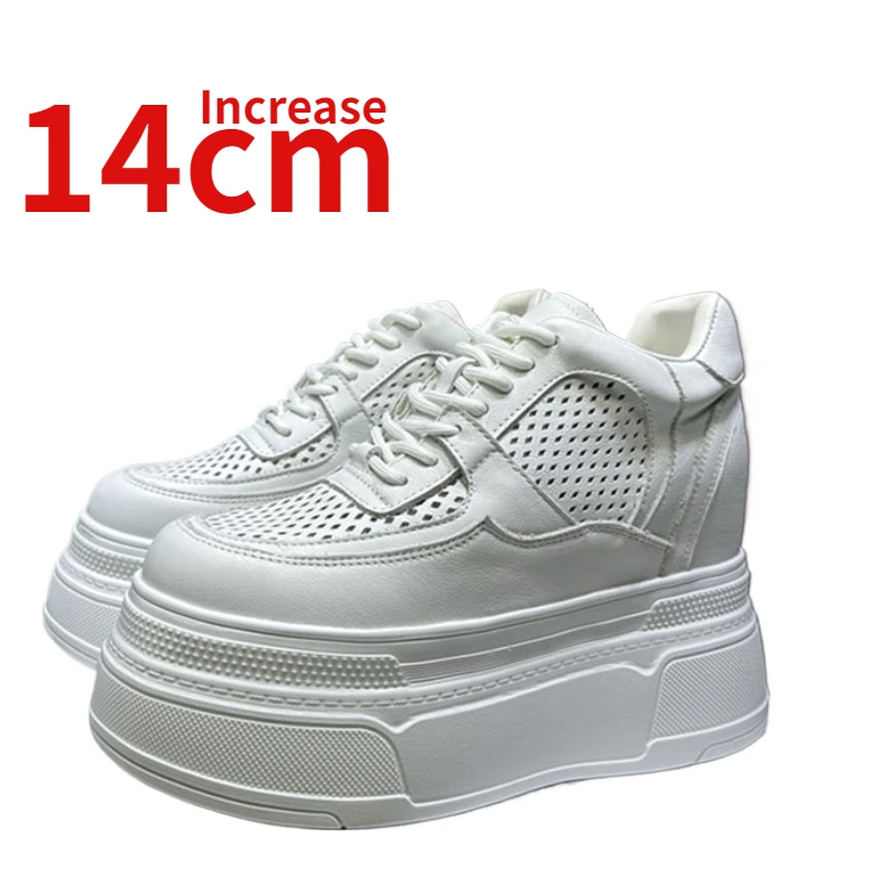 European Invisible Inner Height Increased 14CM Casual Shoes for Women Genuine Leather Thick-soled Summer Thin Hollow Dad\'s Shoes