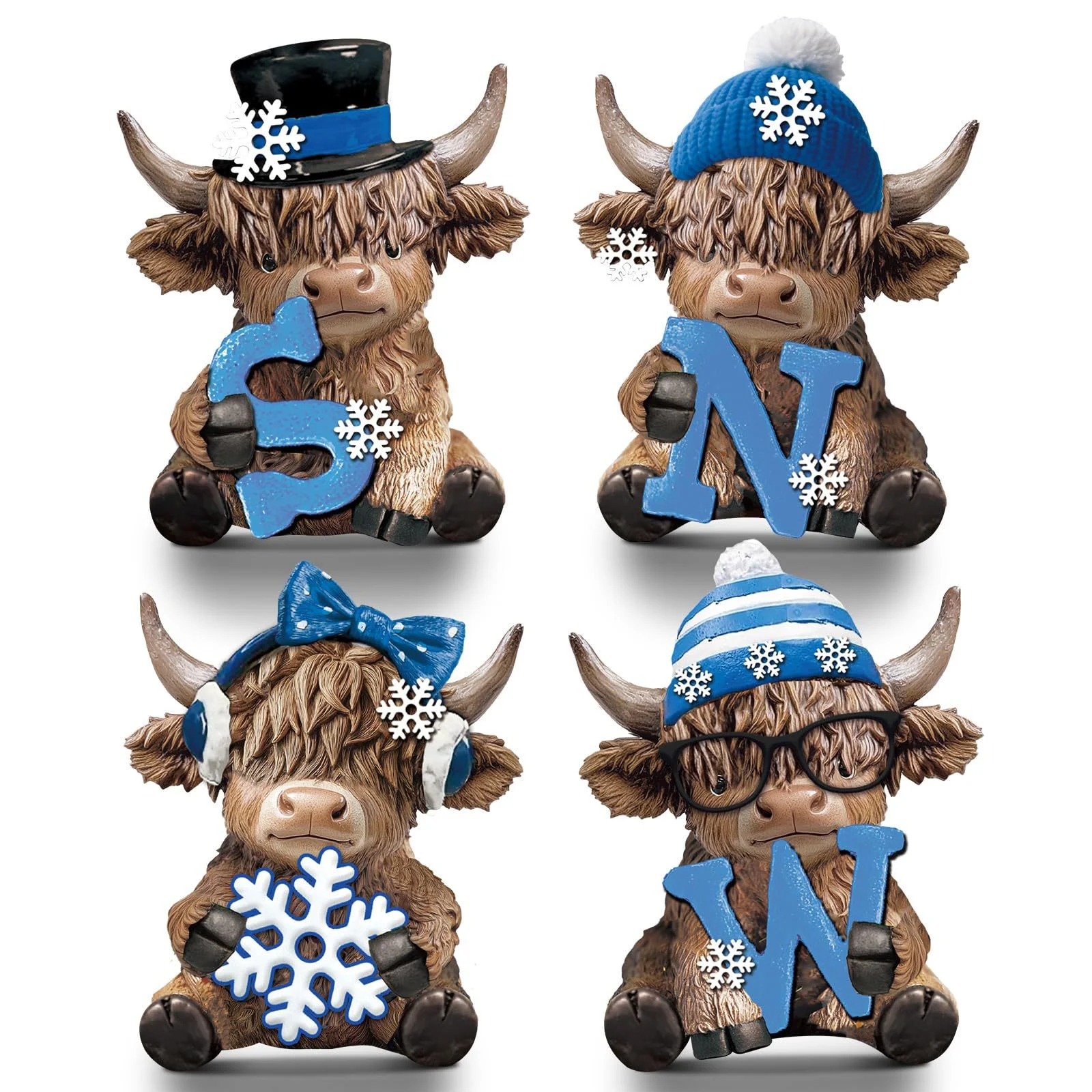 4-Piece Set of Wooden Highland Cow Ornaments in a Rustic Style, Featuring Scottish Calf Designs, Suitable for Decorating Tabletops, Shelves, Fireplace Mantels, Windowsills, and Bathrooms, and Is an Ideal Gift for Highland Cow Enthusiasts.