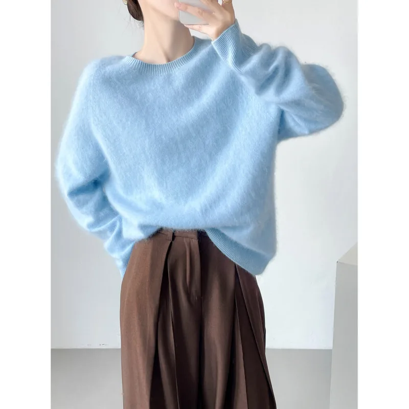 

Women Cashmere Wool Blend Sweater Autumn Winter Seamless Round-neck Knit Pullovers,96%Wool 4%Cashmere Tops