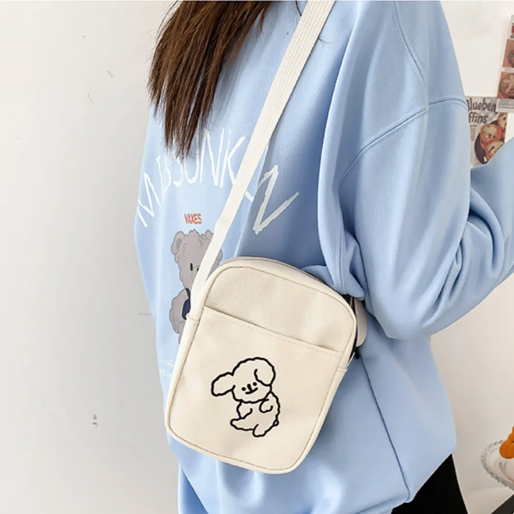 New Canvas Cute Tote Bag Solid Color Lovely Print Shoulder Bag Adjustable Shoulder Strap Crossbody Bag
