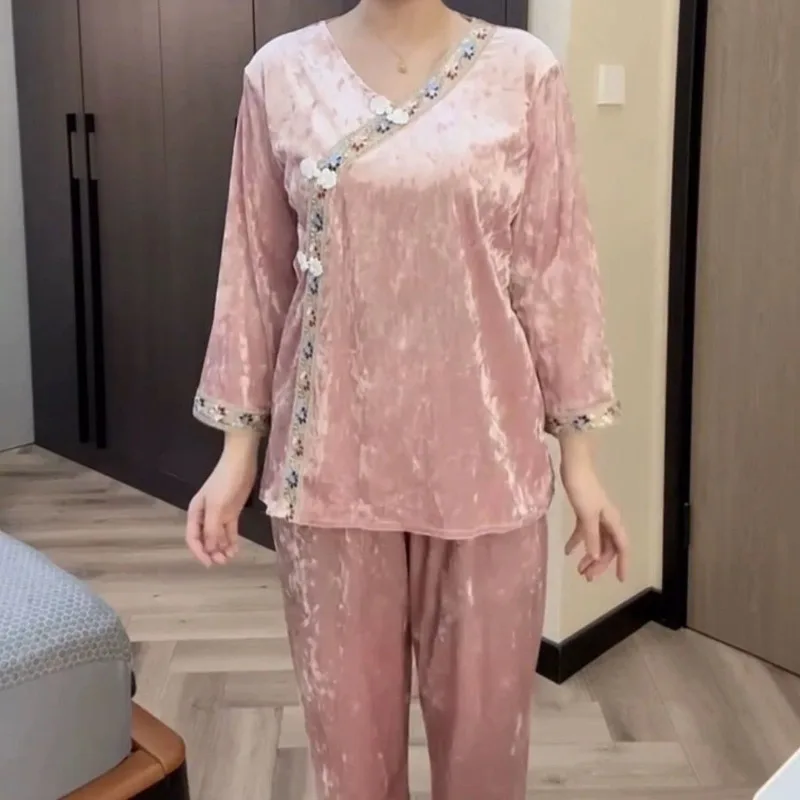 

Golden Velvet Loungewear National Style Women's Large Size Loose Outer Wear Home Suit Thin Two-piece Set Empress Chinese Pajamas