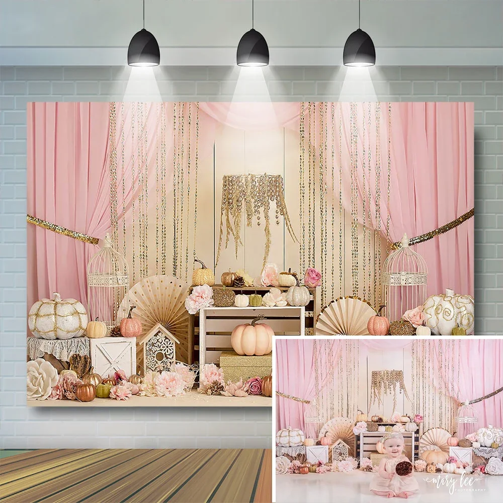 Cake Smash Photography Backdrops Pink Curtain Pumpkin Kid 1st Birthday Photocall Girl Baby Shower Background Photo Studio Props