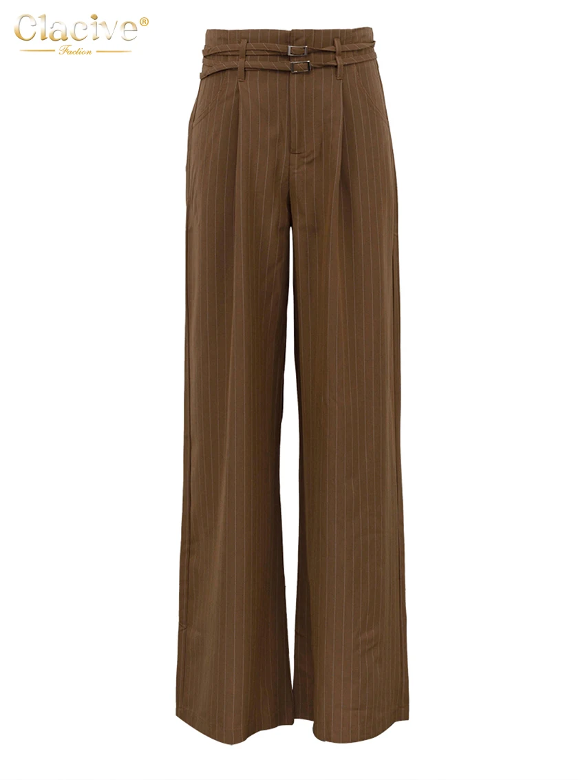 Clacive Fashion Loose Gray Stripe Women\'s Pants 2025 Elegant High Waist Wide Trousers Vintage Classic Full Length Pants Female