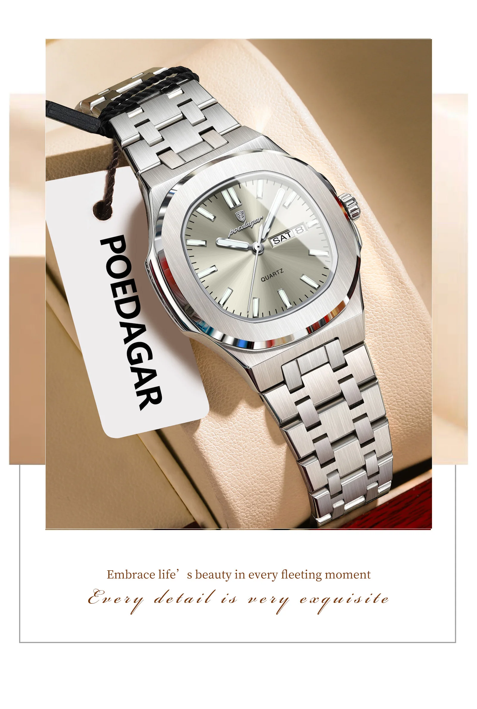 POEDAGAR Quadratische Damenuhr Datum Woche Wasserdicht Leuchtende Damenuhr Edelstahl Quarz Mode Damenuhren Reloj Geschenk – Detail 12