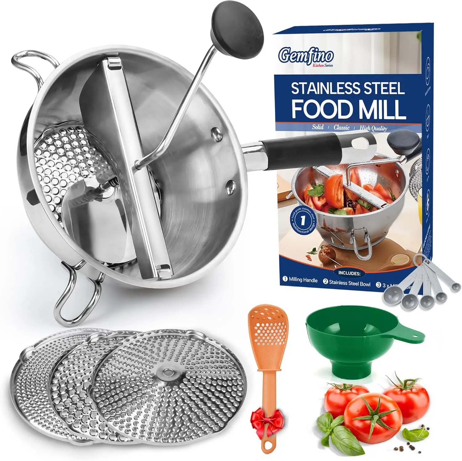 

Stainless Steel Food Mill with 3 Discs, Ergonomic Handle for Tomato Sauce, Potatoes, Jams, Silicone Grip, Dishwasher Safe