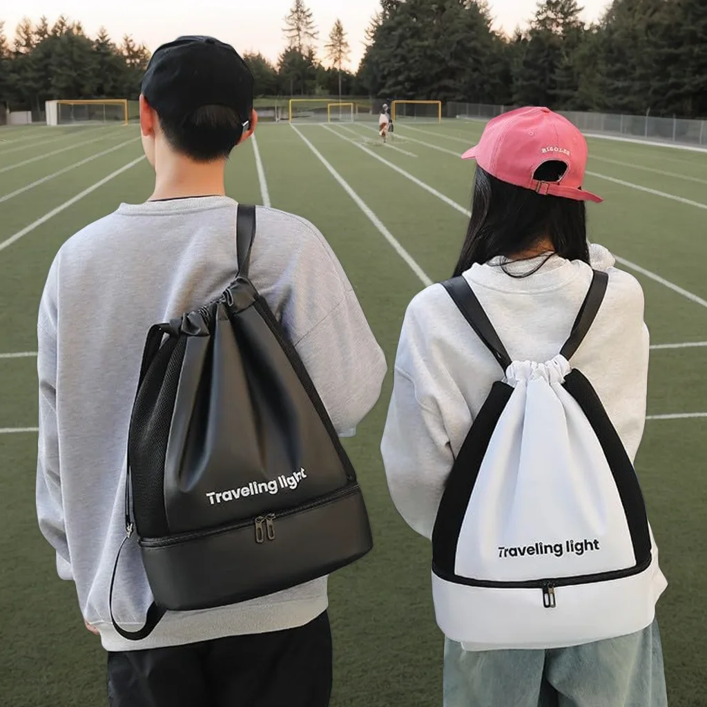 Fitness Drawstring Backpack with Shoe Compartment, Multi-Pocket Nylon Sports Bag for Gym Training, Fringe Decoration & Frame Des