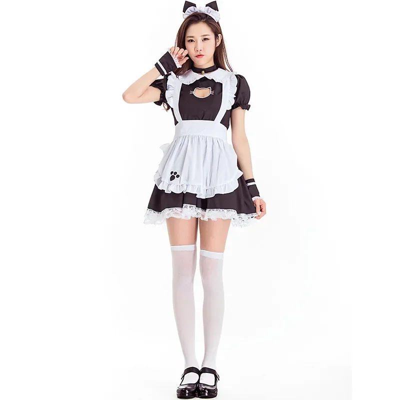 Schwarze Lolita-Kleider, Dienstmädchen-Outfit, süße Katze, Cosplay-Kostüm, Damen-Anzug, Schürzenkleid, Halloween-Kostüme