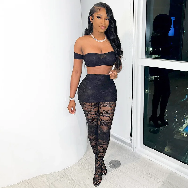 

Women Sexy See Through Lace Two Piece Set Off Shoulder Strapless Crop Tops Footed Leggings with Mini Skirt Clubwear Party Outfit