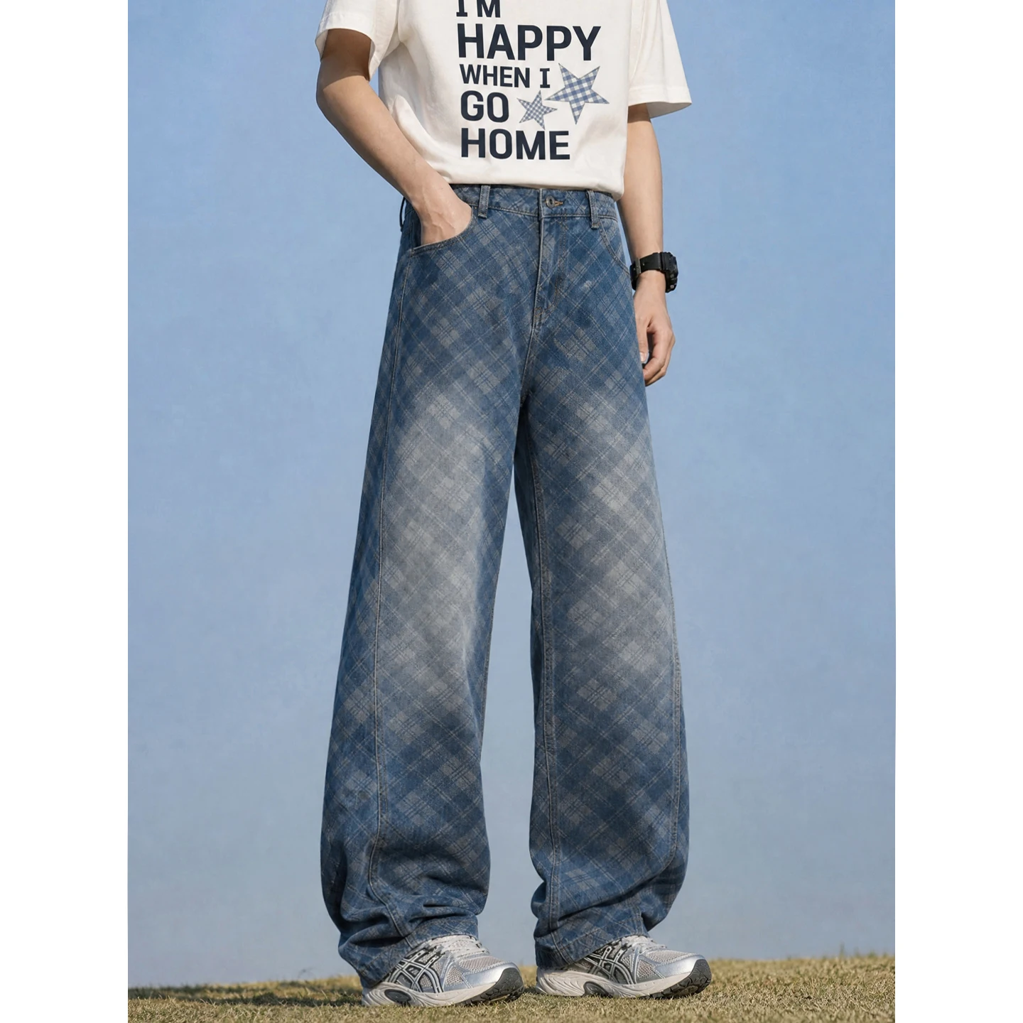 Men's Jeans Man Pants Dark Jacquard Plaid Loose Baggy Curved Denim Pants High Street Retro Streetwear