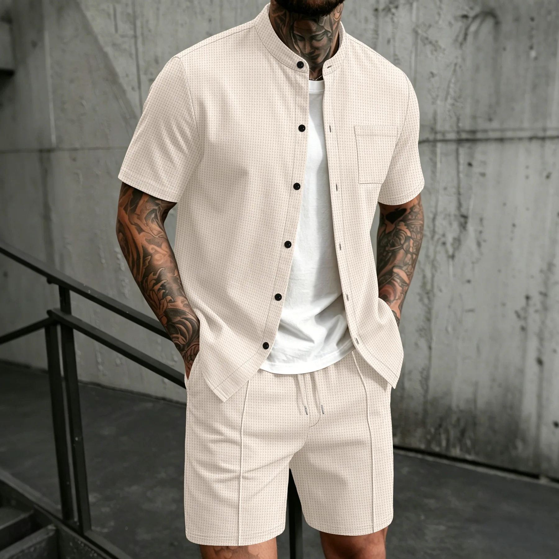 Men's New Summer Style Waffle Plain-Color Crew-Neck T-Shirt with Pocket Short-Sleeved Set with Beach Shorts Men's Casual Suit
