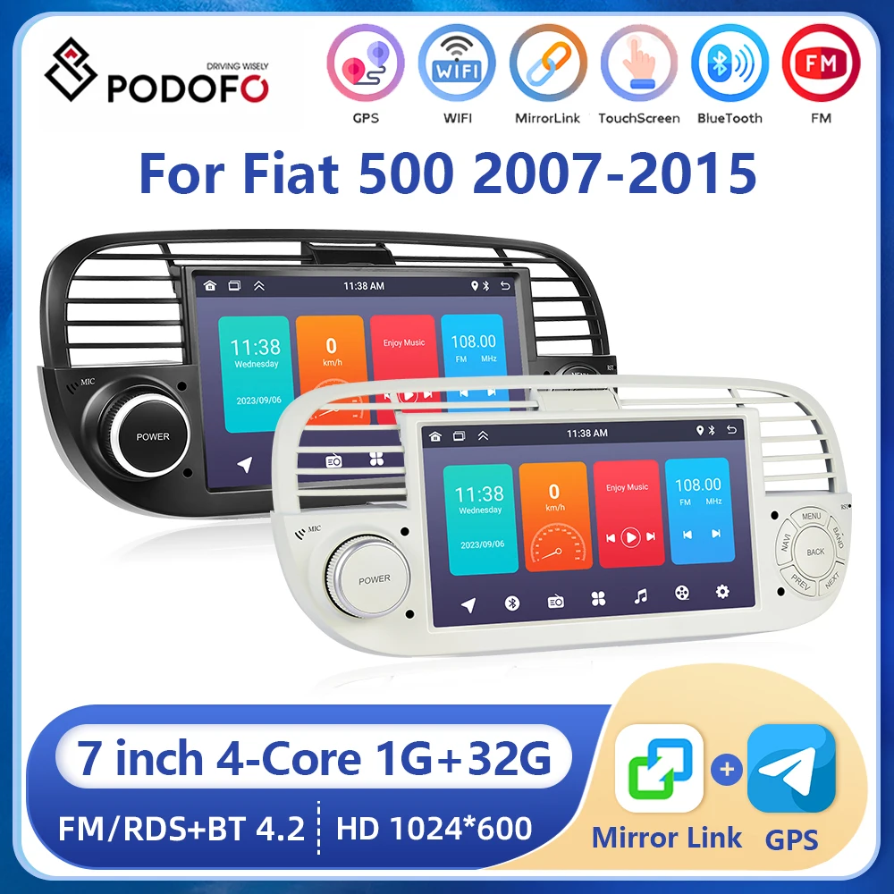 Podofo 2din Android Car Radio For Fiat 500 2007-2015 Carplay Android auto Stereo Radio WIFI GPS Navigation Car Multimedia Player