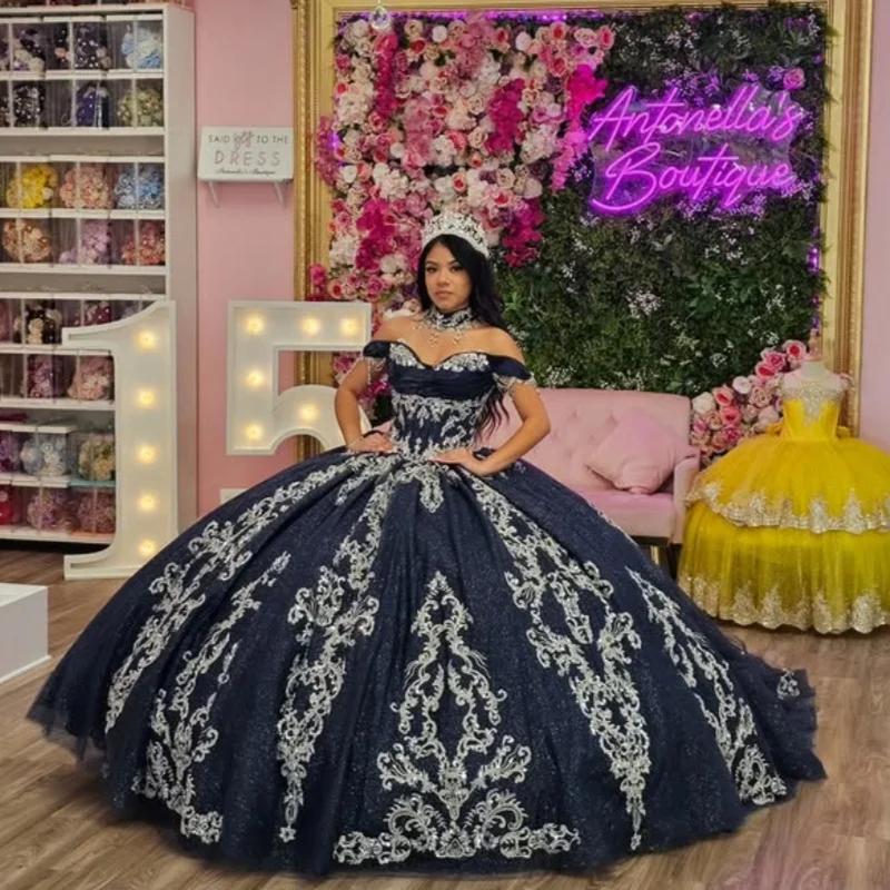 

Shiny dark blue Quinceanera Dress Lace layering off-shoulder Tull glitter decal vestidos de 15 Quinceanera ﻿Customized