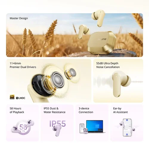 Imagen 2 del producto Versión Global realme Buds Air 8, Auriculares Inalámbricos con Cancelación de Ruido Ultra Profunda de 55dB, Bluetooth 5.4, LHDC 5.0, IP55