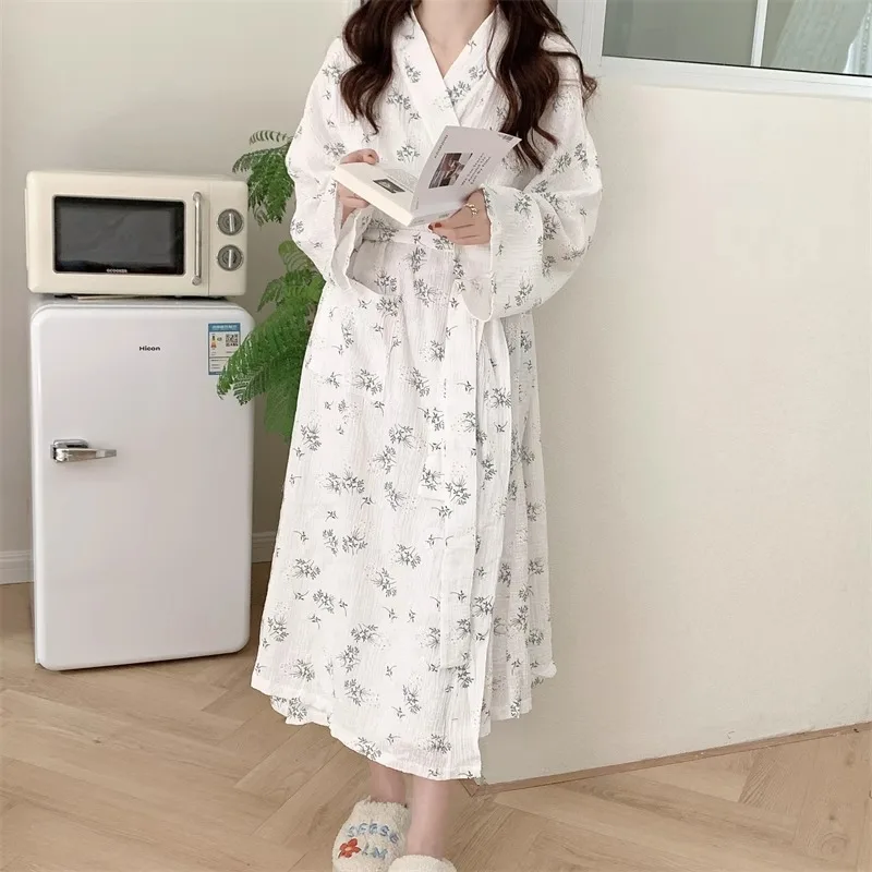 Spring and Summer Sexy Women's Morning Gown, Bathrobe, Women's White Floral Loose Robe, V-Neck Long Sleeved Home Nightgown image 4