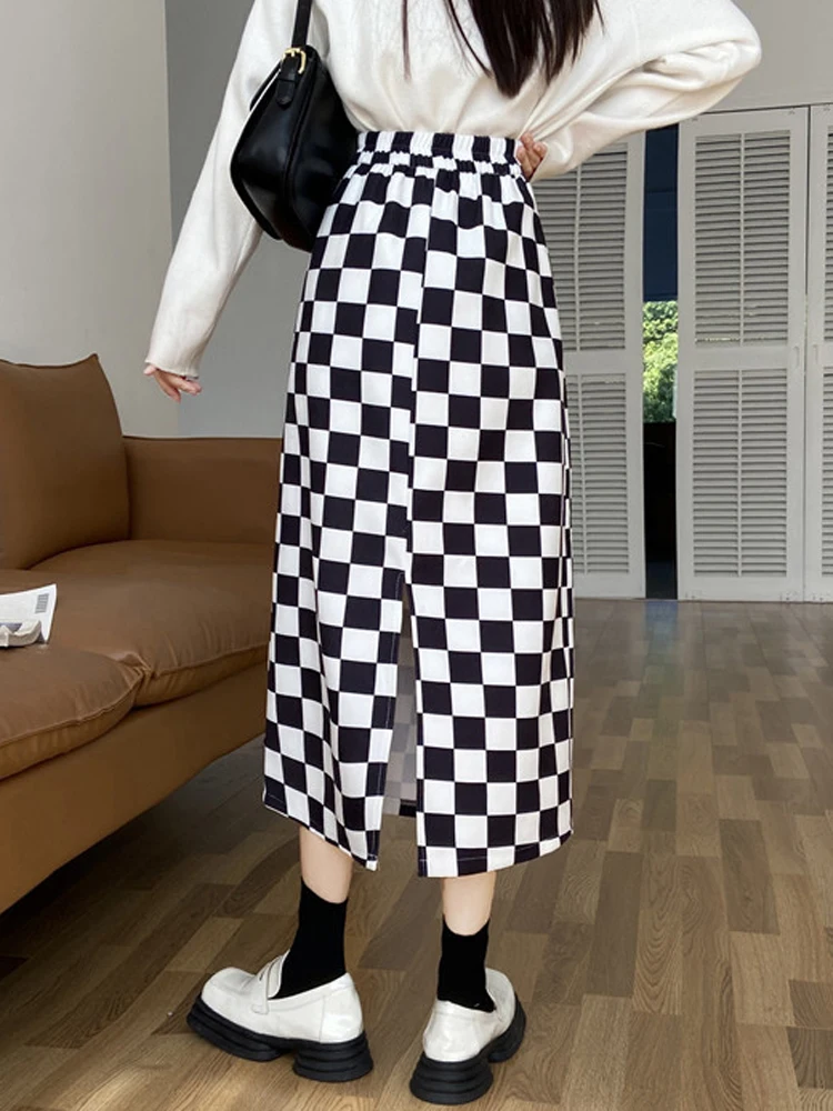 Black White Checkered Vintage Versatile  A-line Skirts Women's Clothing Mid Length Slim Elegant Style Bodycon Long Skirt 2024New