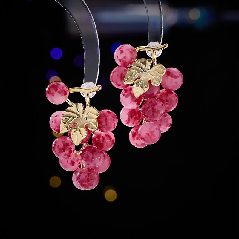 Grape Cluster Dangle Earrings Pink Resin Fruit Drop Earrings Novelty Cute Party Statement Ear Jewelry