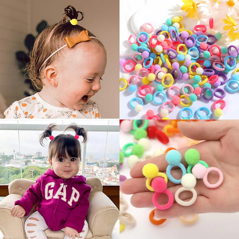 50Pcs Kids Elastic Hair Bands Girls Plush Ball Rubber Band For Children Sweets Scrunchie Hair Ties Clip Baby Hair Accessories