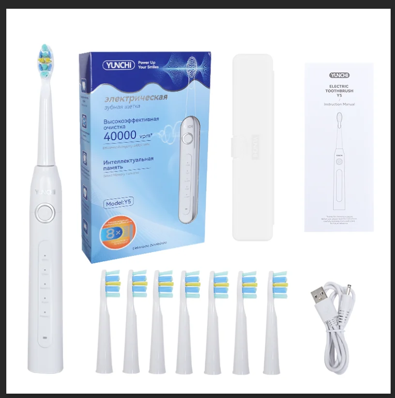 Escova de dentes elétrica ultrassônica YUNCHI com 5 modos de operação e 40000 vibrações de alta frequência. Carregamento USB, à prova d'água