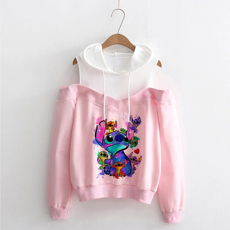 Kawaii Disney Lilo Stitch Cartoon off ramię bluzy damskie Harajuku śliczne Stitch Anime bluza Manga Streetwear bluza z kapturem kobieta