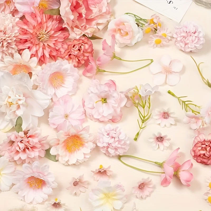 100 piezas, imprescindible para decoración creativa, ¡No más preocupaciones sobre la decoración! una variedad de flores artificiales rosas, con diferentes formas, de pequeñas flores a grandes peonías, para mezclar y combinar como quieras. Se puede utilizar para hacer ramos de mano, decorar los bordes de marcos de fotos, adornar cajas de regalo... Libere su creatividad para crear un estilo decorativo único, inyectar un tipo diferente de sofisticación y la belleza en la vida.