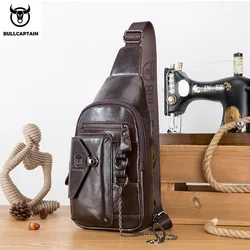 BULLCAPTAINN 100% bolso de pecho de cuero genuino para hombre, bolsas de mensajero de hombro, bolso multifuncional para teléfono móvil de marca de moda en el pecho