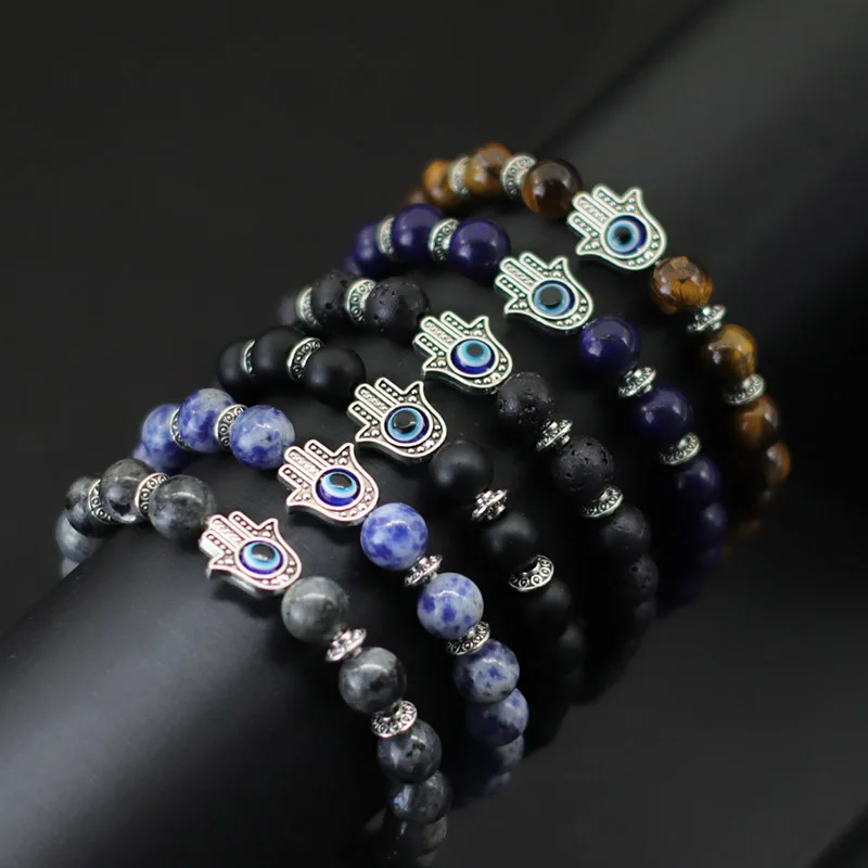 Turkey Evil Eyes Bracelet For Men Women Gothic Fatima Hand Braclet 8mm Natural Lava Lapis Lazuli Stone Beaded Braslet Pulseras