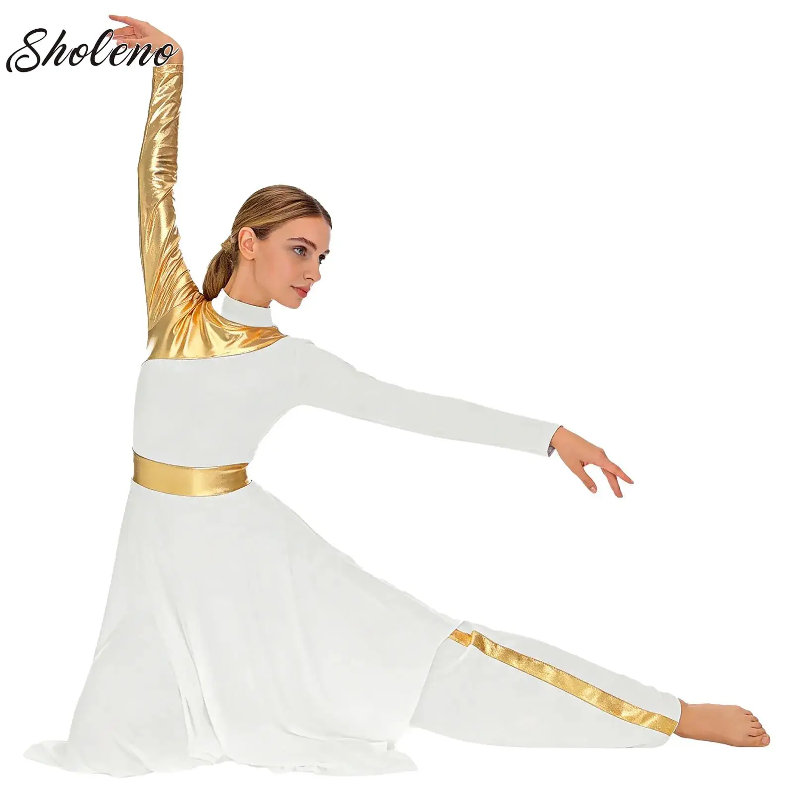

Liturgical Praise Dress Womens Stylish Print Irregular Ballet Lyrical Dancewear Worship Choir Performance Costume+Wide-Leg Pants